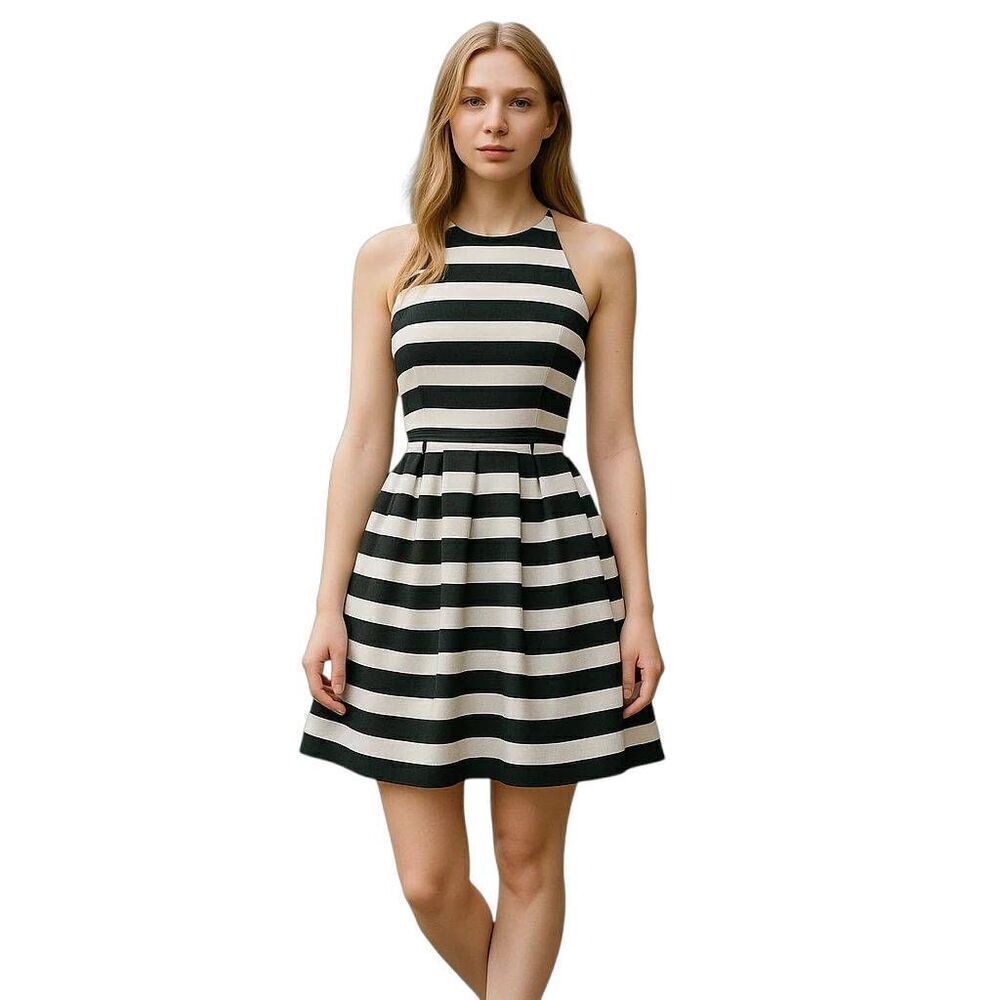 Black & White Striped Halter Pleated Open Back Skater Party Mini Dress